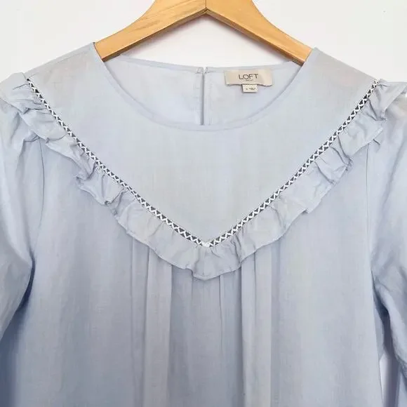 Loft Ruffle Long Sleeve Blouse Cotton Sheer Cottagecore Prairie Size Small Blue - Picture 2 of 16